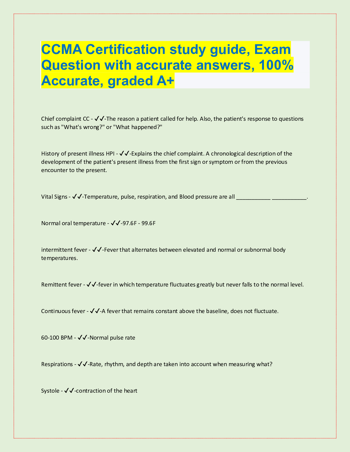 Preview image for CCMA Certification study guide, Exam  Question with accurate answers, 100%  Accurate, graded A+
